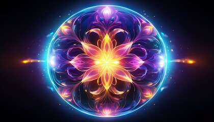 Wall Mural - futuristic energy sphere with abstract floral design in vibrant neon glow