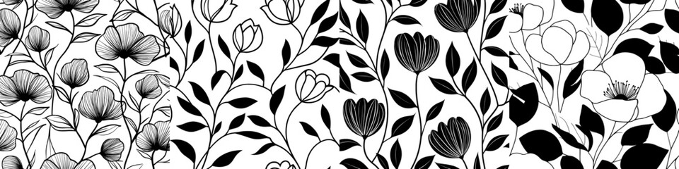A minimalist sketch style flower print features a seamless floral pattern, with simple botanical designs and abstract graphics of hand-drawn lily flowers and leaves, creating an elegant fashion ditsy