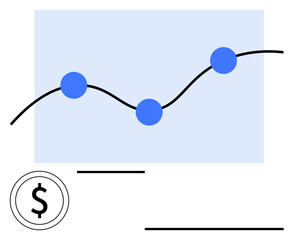 Curved line with blue data points, dollar icon, and minimal design elements. Ideal for finance, growth analysis, business strategy, economic trends, investments, marketing insights and abstract line