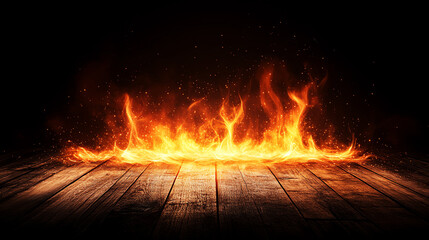 Wall Mural - Display of fire flames on wooden floor creating dramatic atmosphere in dark setting.