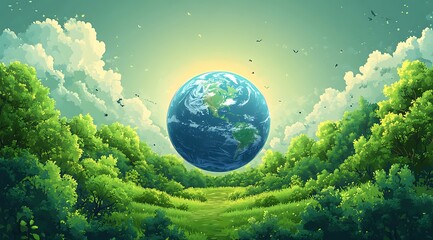 Earth with forest against blue sky over green field