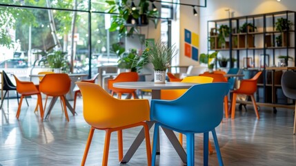 Aufkleber - Brightly colored chairs surround circular tables in a modern cafe filled with natural light from large windows, showcasing lush greenery and contemporary decor.