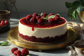 Wall Mural - Cheesecake topped with raspberries on a golden plate, a sweet dessert background