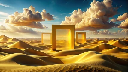 Wall Mural - golden portals in a sun-drenched desert landscape, reflecting an endless horizon of sand dunes under