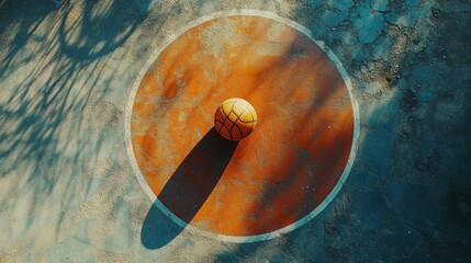 The basketball is lying on the basketball court. hard shadows, orange and gray tones, view from above