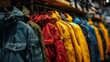 © Prostock-studio - Brightly colored jackets hang neatly in a retail store, showcasing outdoor apparel designed for activities like hiking and camping. The variety attracts attention from potential buyers.