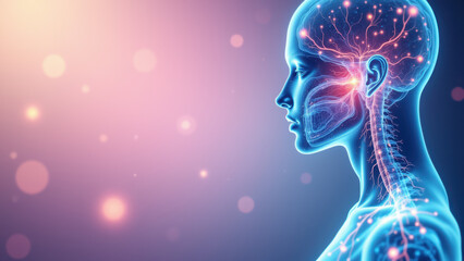 Wall Mural - A detailed illustration focusing on a human brain with highlighted neural connections, depicting VNS (vagus nerve stimulation) as a medical treatment option.