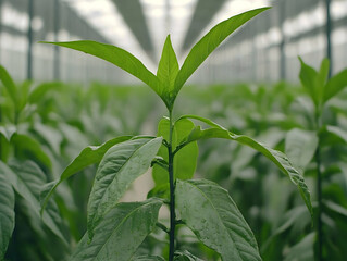 Poster - Greenhouse plant cultivation, rows of greenery