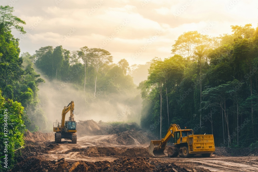 Heavy machinery operating at a construction site in the heart of a ...