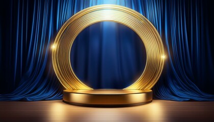 Wall Mural - glowing golden circle and podium on dark blue draped background