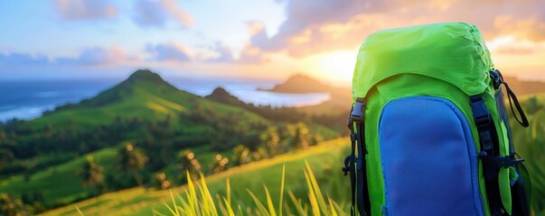 Poster - A vibrant backpack rests on a grassy hillside, with rolling green hills and a sunset illuminating the sky in the background.