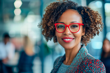 Wall Mural - afroamerican business, smile, portrait of a middle age female wearing red glasses, office background. work team in the background, out of focus