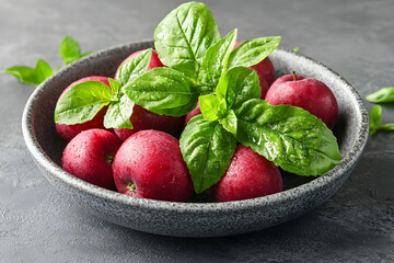 Wall Mural - Red apples with basil leaves in a bowl on dark surface