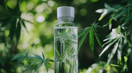 A close-up of a CBD-infused sparkling water bottle with hemp leaves in the background.