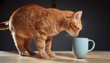 Wall Mural - red cat sniffing and looking a mug of black coffee while standi