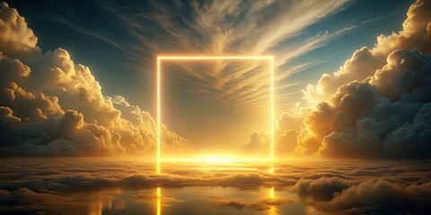 Wall Mural - golden celestial gateway a luminous square portal amidst breathtaking sunset clouds and a serene oce