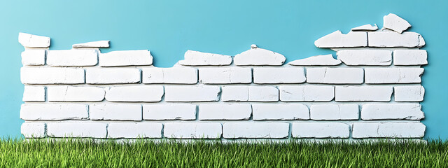 A white brick wall with one section torn off, set against a blue background and green grass at the bottom of the frame
