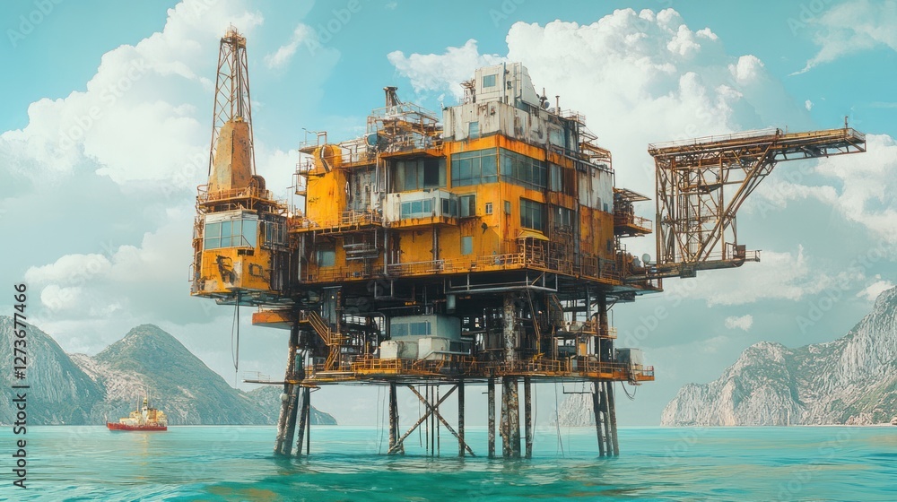 Offshore oil rig, sea, mountains, tugboat, energy production Stock ...