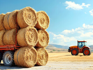 Sticker - Hay bales on trailer, tractor in field, sunny day, rural harvest scene, agriculture imagery