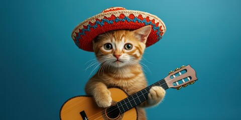 Cat wearing a sombrero plays a small guitar against a blue background during a fun music session