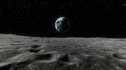 Wall Mural - Earthrise View from Lunar Surface Revealing Craters and Distant Stars in Black Space