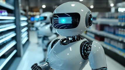 Wall Mural - a robotics team testing ai robots for customer service in a futuristic retail environment.