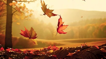 Wall Mural - autumn landscape with golden leaves at sunset