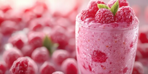 Wall Mural - Raspberry smoothie prepared with fresh berries and mint, served in a clear glass during a sunny day