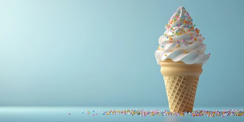 Wall Mural - Delightful ice cream cone topped with whipped cream and colorful sprinkles on a light blue background