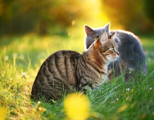 Wall Mural - tabby cat curiously lies on the grass outdoors on a summer background and watches gray brown cat loo