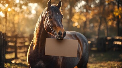 Canvas Print - Horse Holding Blank Cardboard Sign in Glowing Stable at Sunset