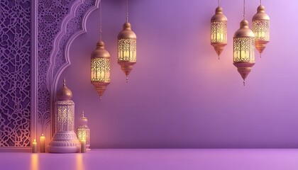 Wall Mural - Ornate Gold Lanterns and Candles on Purple Background