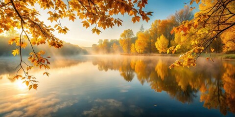 Reflecting golden autumn leaves on a peaceful lake surface at dawn with misty fog slowly lifting from the water's edge, outdoor