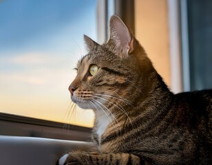 Wall Mural - tabby cat sits on a window ledge and looks to the right portrait of a european shorthair cat watchin