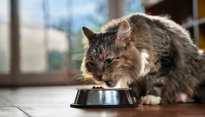 Wall Mural - a cat eating from a bowl on a floor