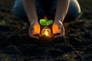 Sticker - Woman planting glowing seedling, nurturing nature, sunset farmland