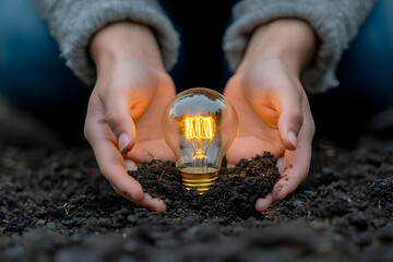 Wall Mural - Hands holding glowing bulb in soil; growth concept