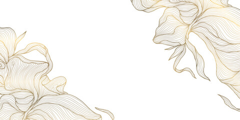 Aufkleber - Vector gold leaves, floral luxury frame background, nature line abstract illustration, wave wedding illustration. Japanese premium texture