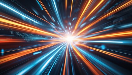 Dynamic orange and blue light trails create an abstract representation of high-speed data transmission.