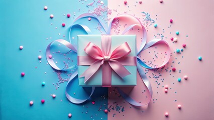 Sticker - A light blue gift box adorned with a delicate pink ribbon and bow, nestled amidst pastel-colored sprinkles and ribbons on a split blue and pink background.