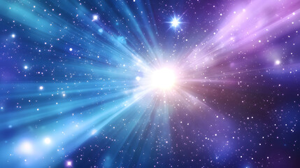 a blue background with light purple and white lines of stars, light beams