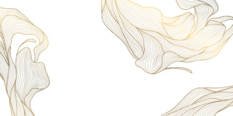 Wall Mural - vector gold leaves, floral luxury frame background, nature line abstract illustration, wave wedding 