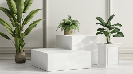 Fototapete - White table podium stage with plants and sunlight with cozy and soft light