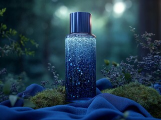 Wall Mural - A scene of an enchanted forest showcases a sleek, light-blue spray bottle resting on a dark blue, silk-like surface, accentuated by lush green plants and a mystical, glowing backdrop