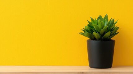 Wall Mural - Bright Green Succulent Plant in Black Pot Against Vibrant Yellow Background for Home Decor and Interior Design Inspiration