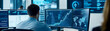 © F-STUDIO - A person analyzes data on multiple screens in a modern office, showcasing graphs and world maps related to analytics and technology.