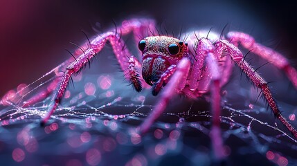 Wall Mural - Glowing Fly Trapped in Spider s Web Displaying Striking Iridescent Contrast