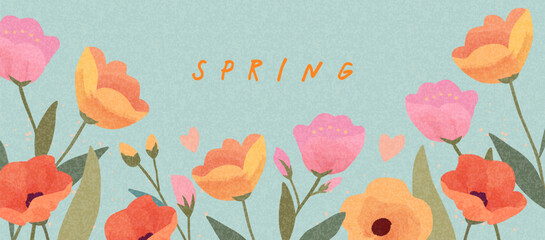 Wall Mural - spring card, banner or horizontal poster for spring holidays with cute flowers pattern. hand drawn f