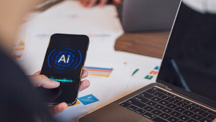hand holding smart phone voice command with digital Artificial intelligence AI, technology smart robot AI, artificial intelligence for idea and generates.