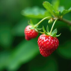 Wall Mural - Fragrant pink strawberry on a green shrub branch, foliage, plantlife